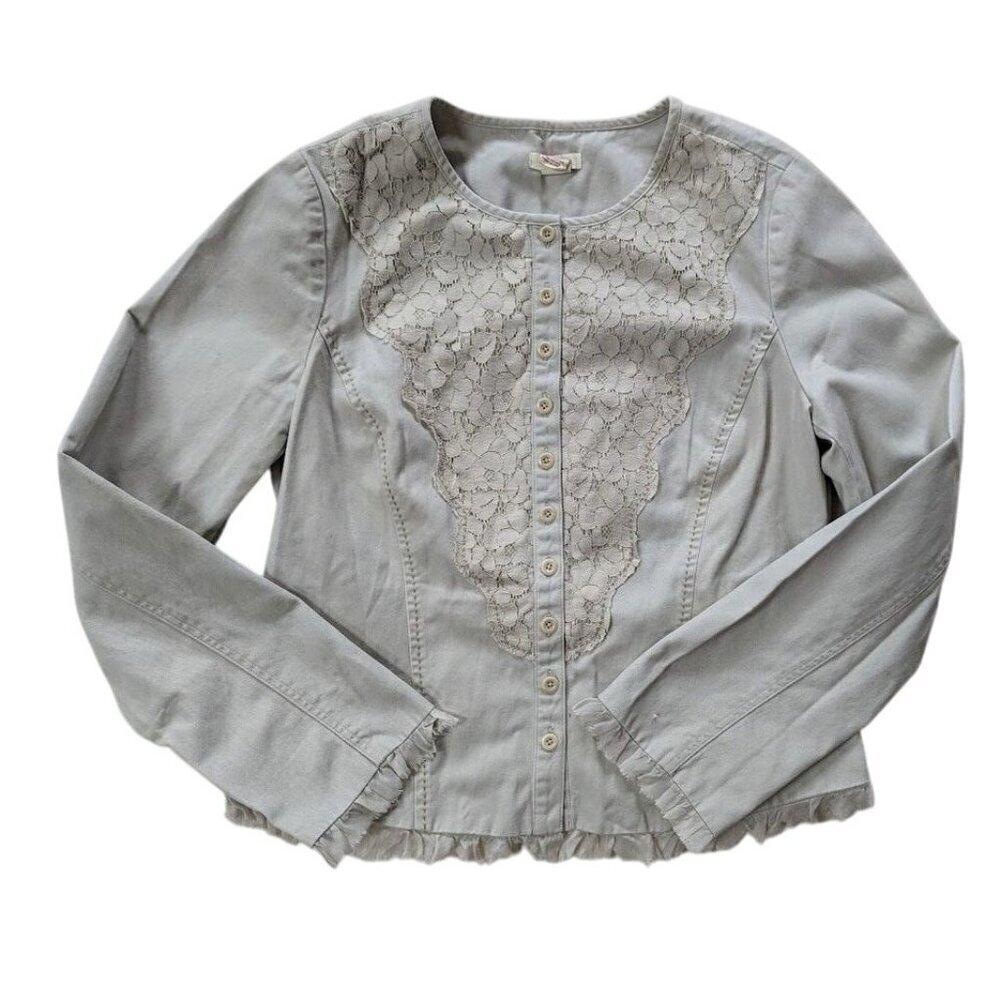 Sundance Women's (8) Lace Militaire Jacket Shirt Taupe Front Ruffle